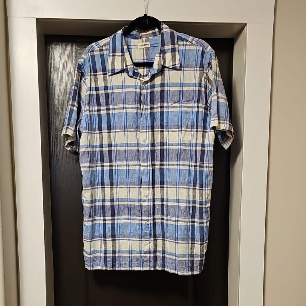 CODE BLEU  Mens Blue & White Plaid Short Sleeve Button-Down Shirt